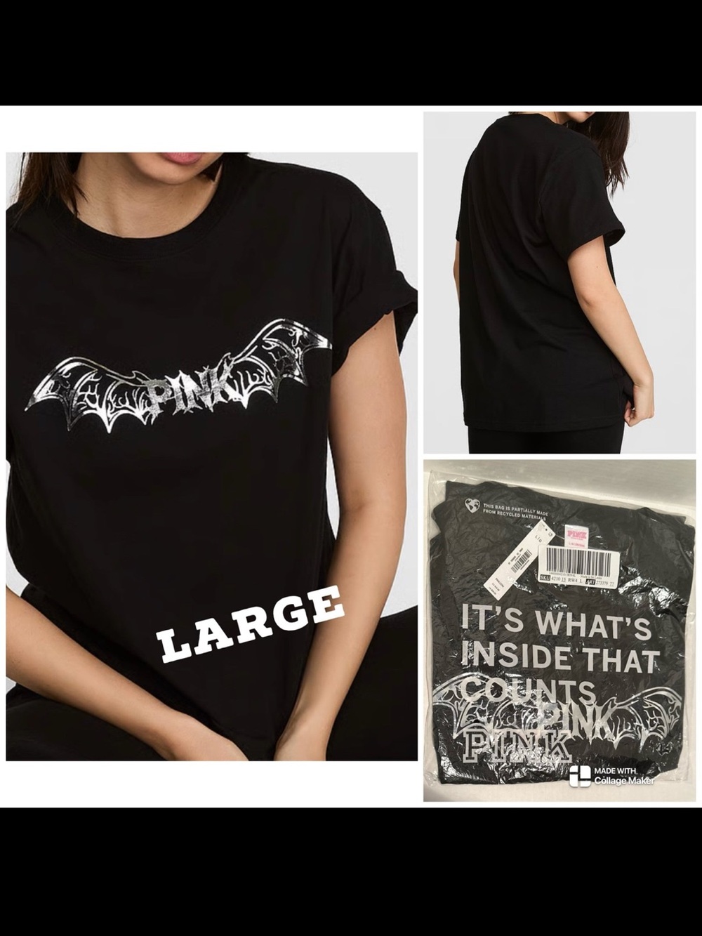 VS PINK NWT Limited Edition Pure Black Bat Wing Cotton Short-Sleeve Tee